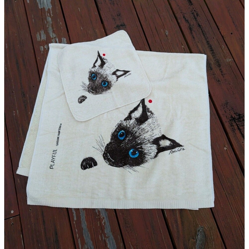 Vintage Siamese Cat Towel Bath Washcloth Set Rabindra Made USA UNUSED Collectabl
